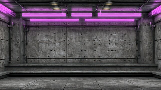 Industrial interior space features a textured concrete wall illuminated by bright magenta fluorescent lights