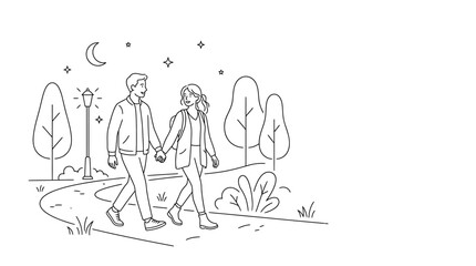 Obraz premium Couple holding hands while walking on a park path under the moonlight, surrounded by trees and a street lamp