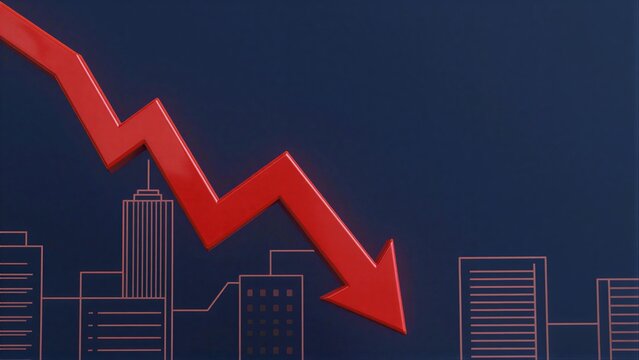 Red arrow drops sharply over city skyline, symbolizing economic decline.