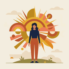 Obraz premium Woman standing in front of abstract sunburst and rainbow with clouds and landscape
