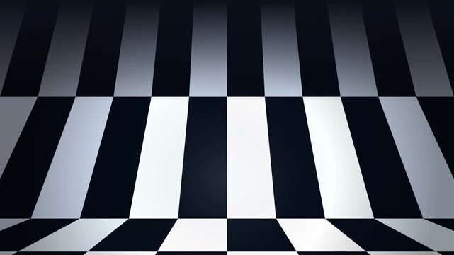 Black and white checkered pattern stretches across the floor and up the wall