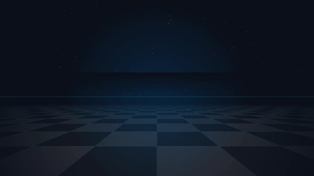 A dark room with a checkered floor and a minimalist drip loop effect