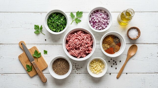 Kofta Ingredients Flat Lay &ndash; Raw Minced Beef Parsley Onion Cumin Spices in White Ramekins Overhead Studio