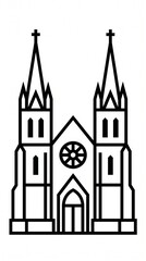 Fototapeta premium Minimalist cathedral gothic church icon. Black outline illustration of a grand church building with two high steeples and circular rose window, isolated on white background.