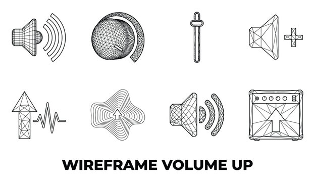 Wireframe volume up icons set speaker knob slider equalizer amplifier signal sound.