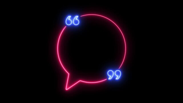 Glowing neon pink round speech bubble quote box with blue quotation marks isolated on a alpha channel background