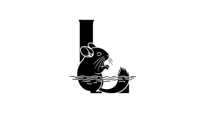 Black and white illustration of a mouse on letter L.