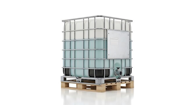 Large plastic water tank container inside a metal cage frame sitting on a wooden pallet for shipping. ibc container