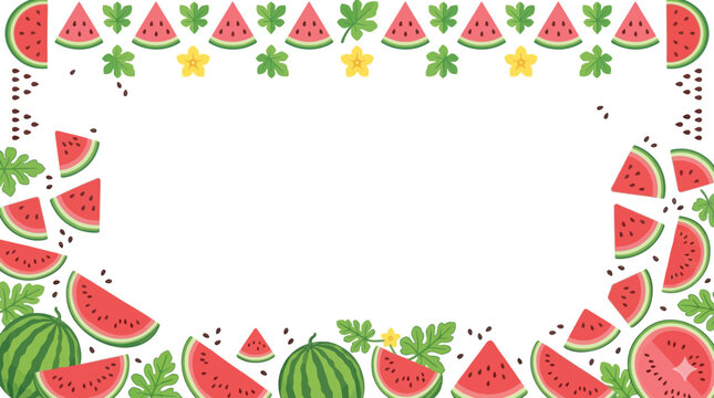 Vibrant and Refreshing Watermelon Border Illustration with Juicy Slices and Whole Fruits, Perfect for Summer Backgrounds and Fun Seasonal Designs