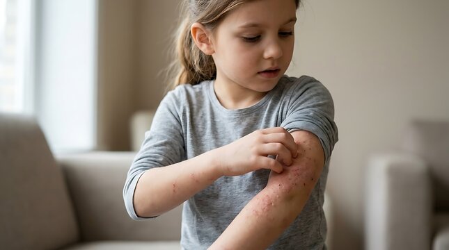 Uncomfortable little girl scratching an itchy, red rash on her arm, indicating a skin allergy or dermatitis