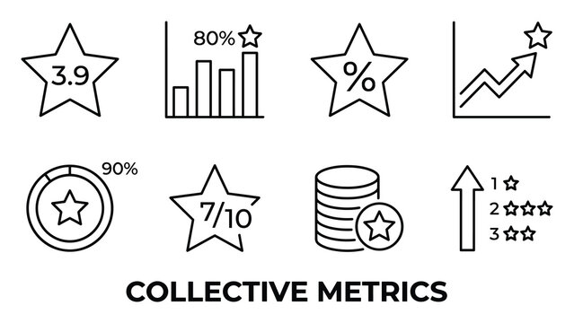 Collective metrics showing star ratings progress charts percentages coins and scores.