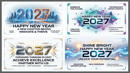 Fototapeta premium Set of four professional happy new year 2027 business presentation slides featuring futuristic cityscapes abstract tech networks and growth concepts business presentation template