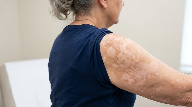 Close-up of an older adult's arm revealing skin discoloration and patches, possibly vitiligo or sun damage, in a medical examination setting