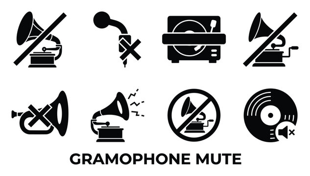 Gramophone mute icons with crossed out speakers and silent vinyl records.