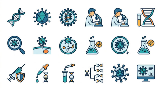 Medical research and science icons representing viruses and DNA.