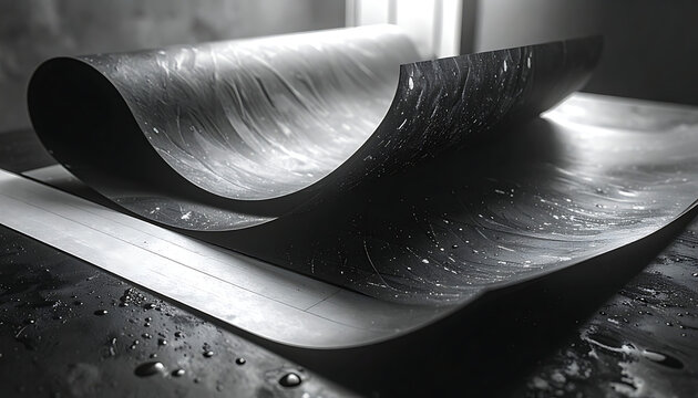 curved dark material sheet with metallic sheen, reflective surface, liquid droplets, industrial texture, dramatic contrast
