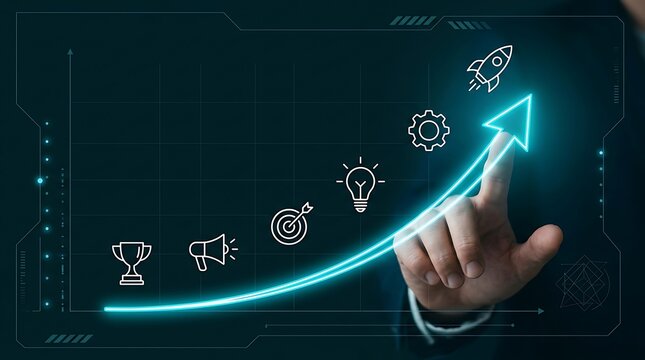 Business growth graph ascending on digital interface with icons for financial strategy marketing