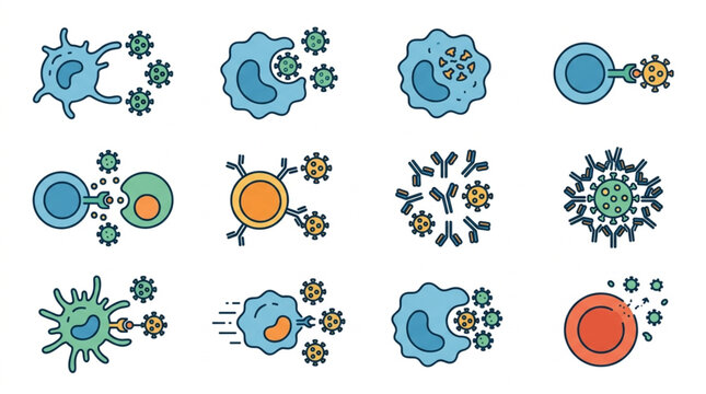 Immune system cells fighting viruses and bacteria illustration.