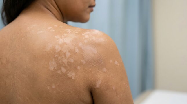 Hypopigmented skin patches on a person's back and shoulder, a dermatological condition like Tinea Versicolor or Pityriasis Versicolor, showing skin...