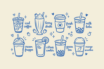 Set of hand drawn doodle icons of various iced coffee milk tea smoothies and fruit drinks with blue and black ink lines on a light gray background Vector © Foysal