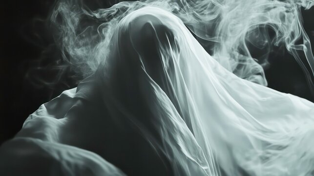 Closeup of a scary white ghost with smoke and white sheet on a black background with copy space.