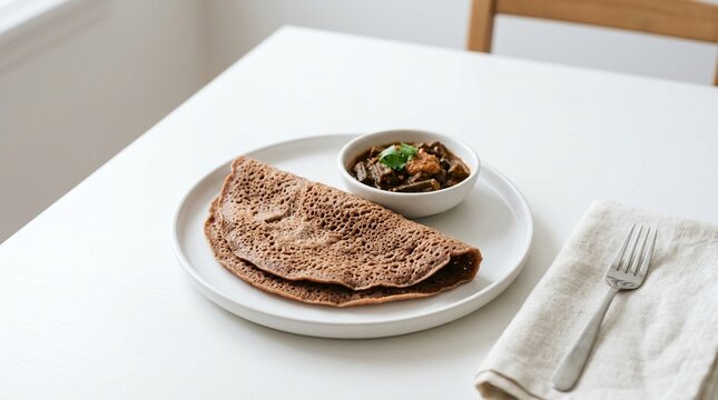 Nubian Kisra Sorghum Flatbread on White Plate &ndash; Traditional African Bread Studio Overhead Food Photography