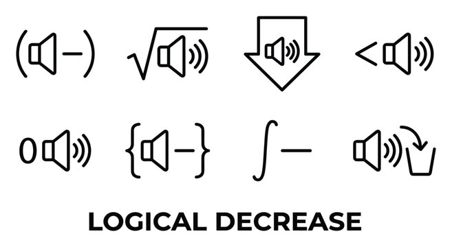 Logical decrease concepts shown with sound icons math symbols and trash bin.