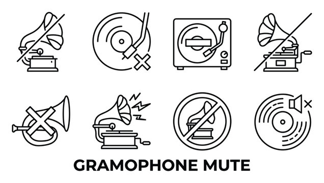 Outline gramophone mute icons with crossed out speakers and silent vinyl records.