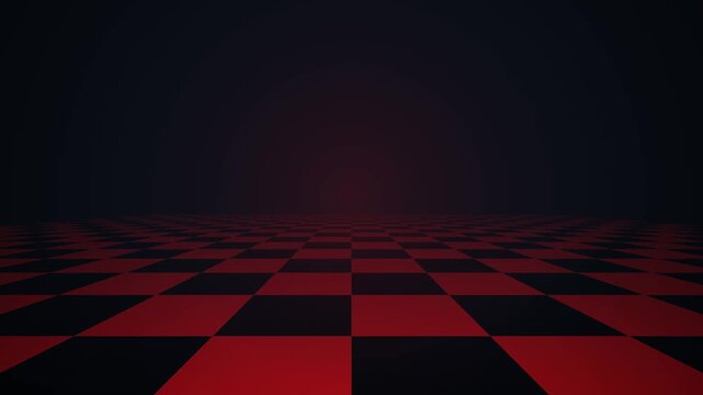 A dark room with a red and black checkered floor stretches out