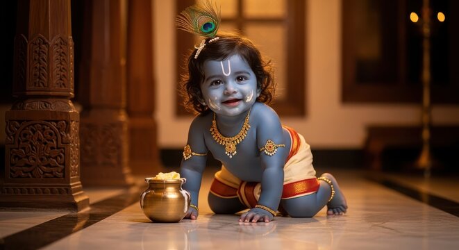 Cute baby krishna crawling with butter pot on janmashtami