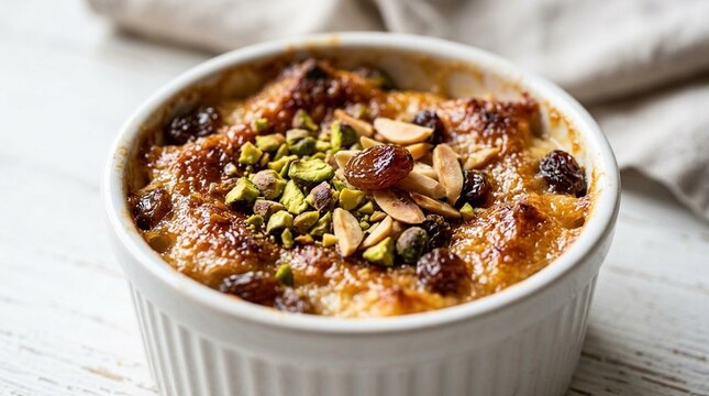 Om Ali Close-Up Macro Caramelized Top with Pistachios Almonds Raisins &ndash; Egyptian Bread Pudding Ramekin