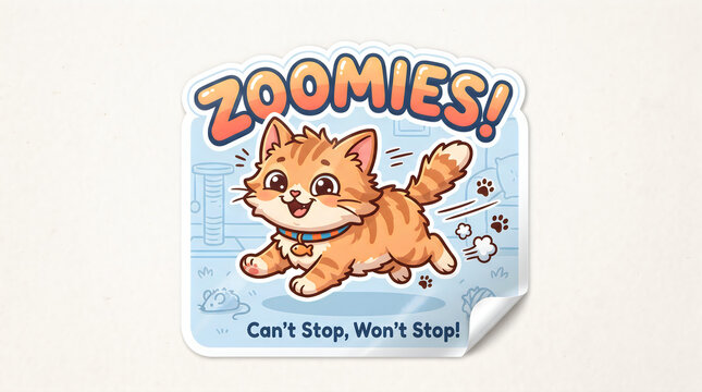 A cartoon orange cat running with the text zoomies and cant stop wont stop