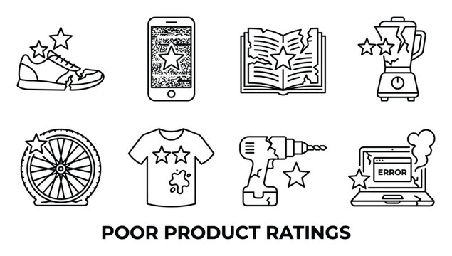 Poor product ratings with stars on broken shoe phone book blender wheel shirt drill laptop.