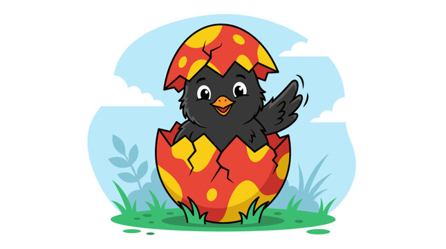 Cheerful baby bird hatching from colorful egg surrounded by green grass and blue sky in a playful vector illustration