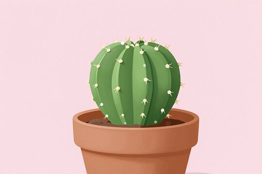 A green cactus in a brown pot on a pink background