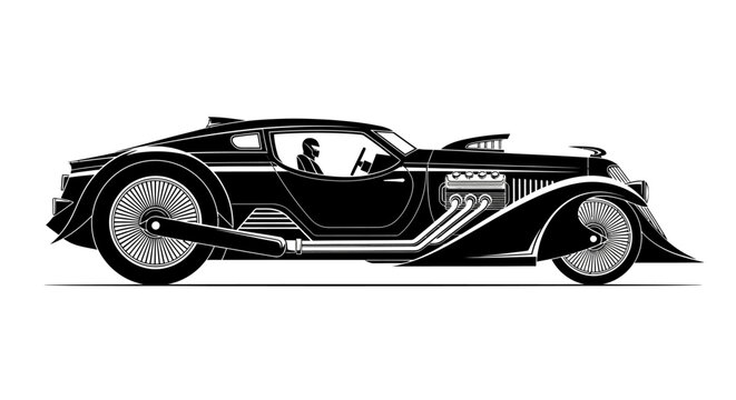 Sleek retro-futuristic custom hot rod car vector illustration with driver, vintage style vehicle in black and white, side view