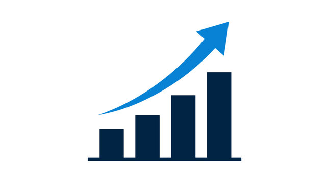 Minimalist vector graphic depicting an upward trend with bar graphs and arrow symbolizing growth and success in business analysis