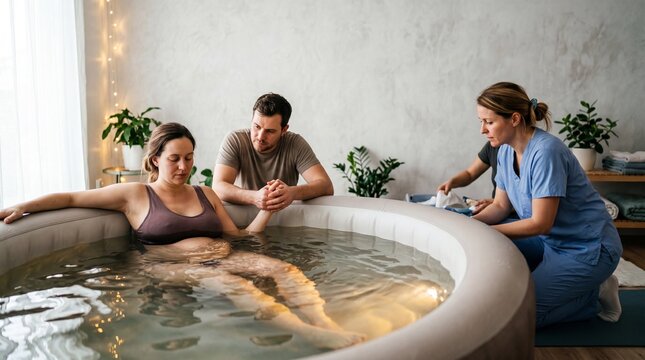 Pregnant woman in a birthing tub during labor with partner support and midwife assistance