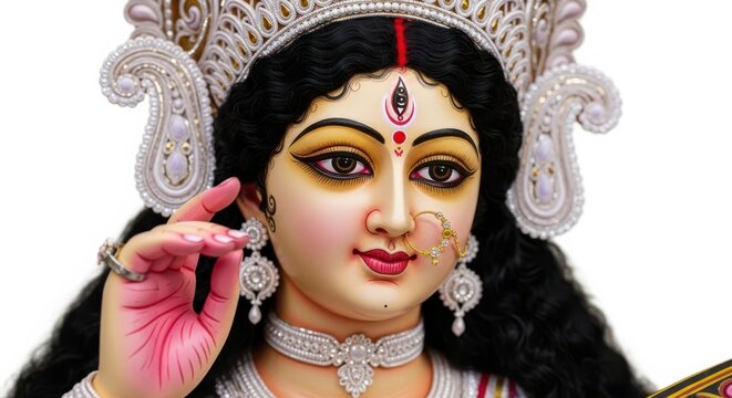 Closeup of goddess durgas face with fiery eyes