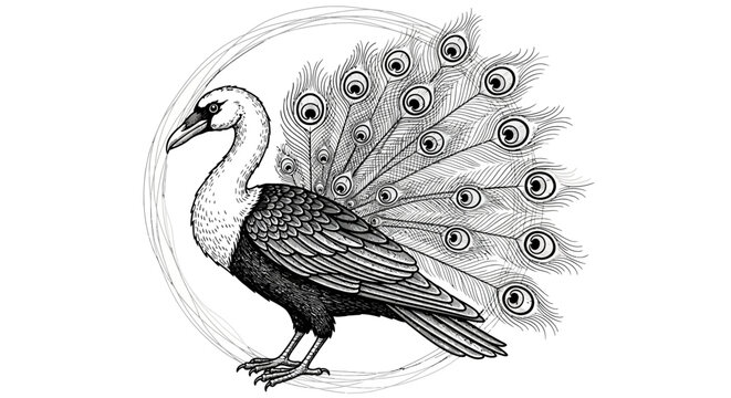 Elegant Hand-Drawn Illustration of Fantasy Hybrid Bird with Peacock Feathers and Long Neck, Intricate Black and White Artwork