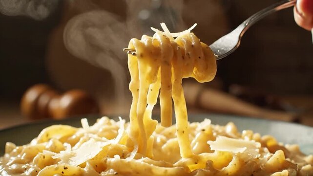 Delicious steaming pasta with cheese being twirled on a fork.