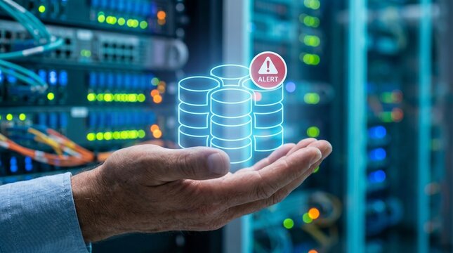Human hand holding a glowing blue digital database server icon with a red alert notification in a modern data center with blurred server racks in the background