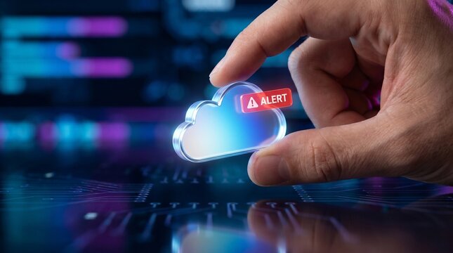 Human hand holding a transparent glowing cloud computing storage icon with a red alert notification floating in a dark high-tech digital environment