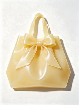 Shiny cream satin favor bag collection with integrated satin ribbon handles and oversized front bow ornaments, mirror-like glossy finish, displayed against a clean solid white studio background, gentl