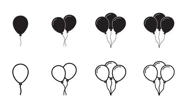 Set of balloon vector icons in different quantities and styles for graphic design assets.