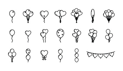 Hand drawn balloons and garland line art icons for party celebration. © MD