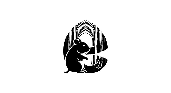 Black and white rat inside letter C design.