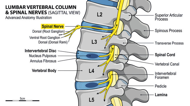 Lumbar vertebral column and spinal nerves anatomy diagram