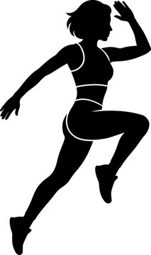 Woman in sports clothing running with one knee bent and arm raised high