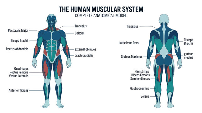 Human muscular system anatomical model with front and back views